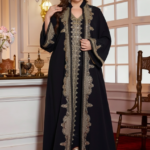 Layrah Plus Size 2 Pieces Set Arabian Style Cloak Maxi Length Embroidered Abaya & Dress, Dubai Luxury Fall Cloth For Women